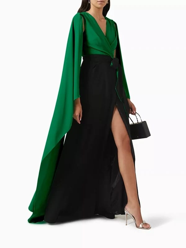 Batwing Bandage Contrast Color Split Front Zipper V Neck Maxi Dress 127128 Batwing Bandage Contrast Color Split Front Zipper V Neck Maxi Dress 127128