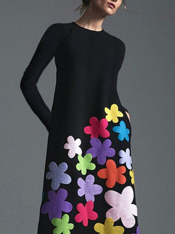 Long Sleeves Asymmetric Floral Round-Neck Maxi Dresses 126041 Long Sleeves Asymmetric Floral Round-Neck Maxi Dresses 126041