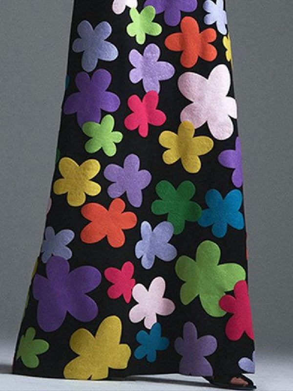 Long Sleeves Asymmetric Floral Round-Neck Maxi Dresses 126041