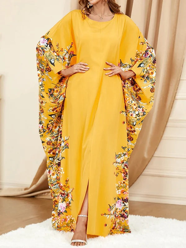 Batwing Sleeves Loose Muslim Printed Split-Front Round-Neck Maxi Dresses  124529