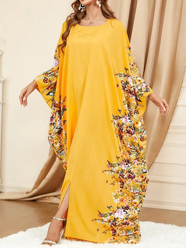 Batwing Sleeves Loose Muslim Printed Split-Front Round-Neck Maxi Dresses 124529 Batwing Sleeves Loose Muslim Printed Split-Front Round-Neck Maxi Dresses 124529
