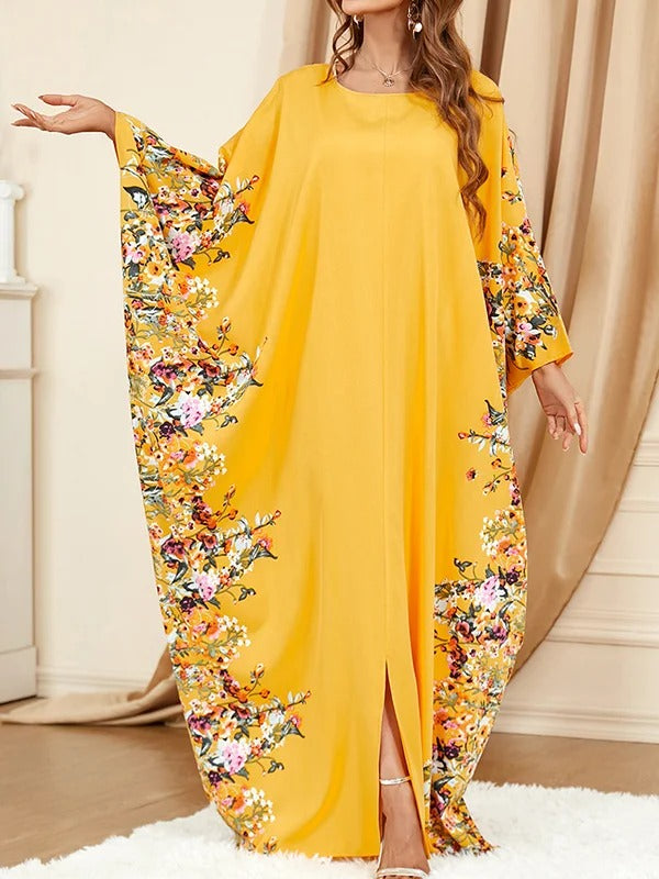 Batwing Sleeves Loose Muslim Printed Split-Front Round-Neck Maxi Dresses  124529