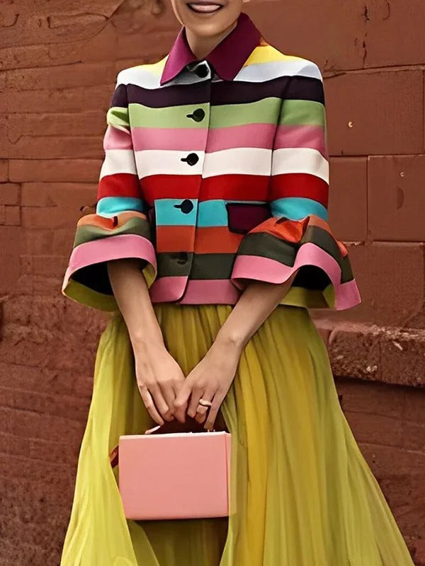 1 PC Flared Sleeves Multi-Colored Striped Lapel Jackets Outerwear 116746 1 PC Flared Sleeves Multi-Colored Striped Lapel Jackets Outerwear 116746