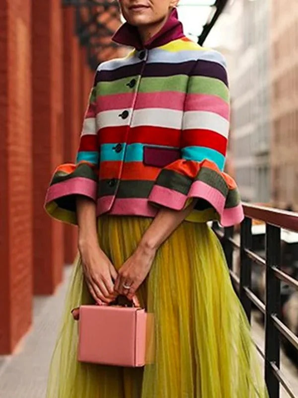 1 PC Flared Sleeves Multi-Colored Striped Lapel Jackets Outerwear 116746 1 PC Flared Sleeves Multi-Colored Striped Lapel Jackets Outerwear 116746