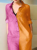 Long Sleeves Loose Buttoned Contrast Color Lapel Collar Maxi Dresses  124787 - TUZZUT Qatar Online Shopping