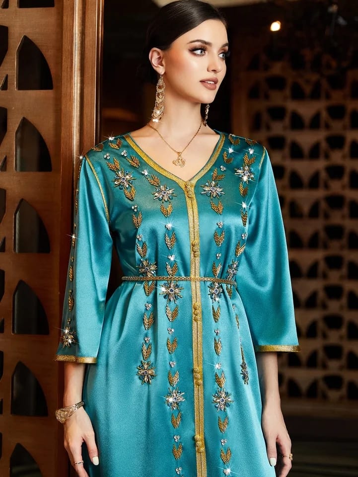 Women Diamond Long Sleeve Robe Clothing Royal V Neck Abaya Dress S 149937