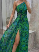 Modigirl Women Leopard Pleated Sleeveless Rhinestone Free Maxi Dress L 135632 - TUZZUT Qatar Online Shopping