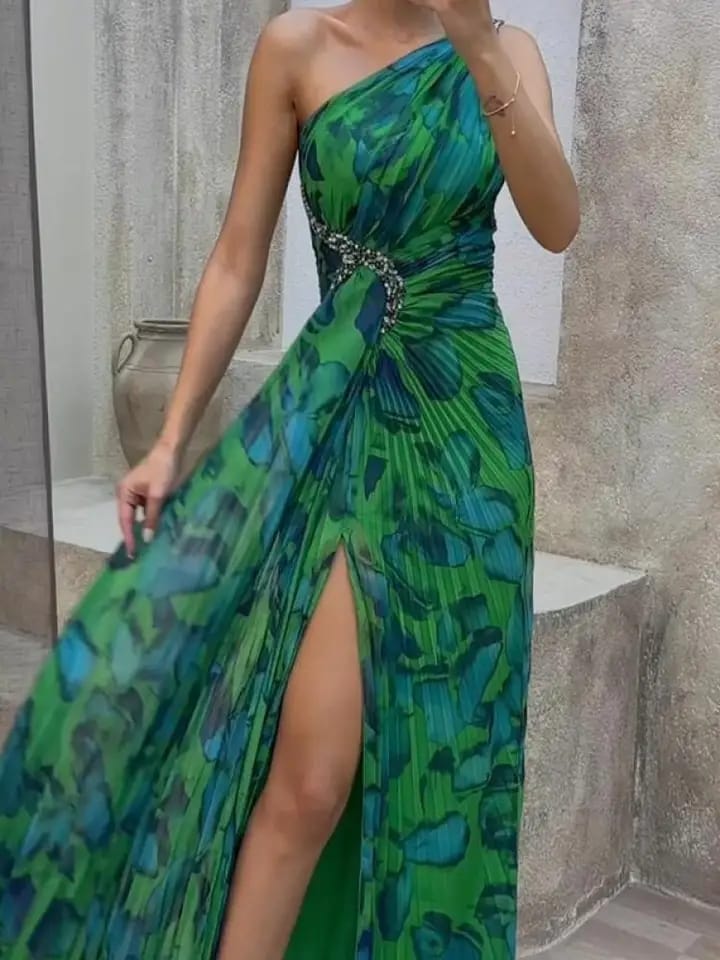 Modigirl Women Leopard Pleated Sleeveless Rhinestone Free Maxi Dress 135632 Modigirl Women Leopard Pleated Sleeveless Rhinestone Free Maxi Dress 135632