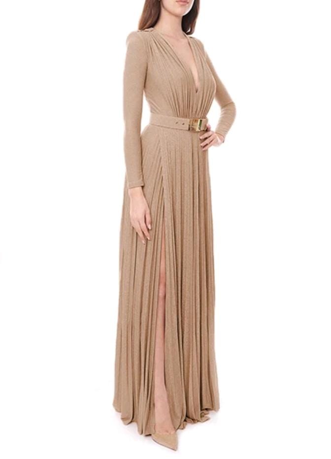 New Solid Color Evening Dresses For Women With Belt Pleated Slit Maxi Dress L 140056