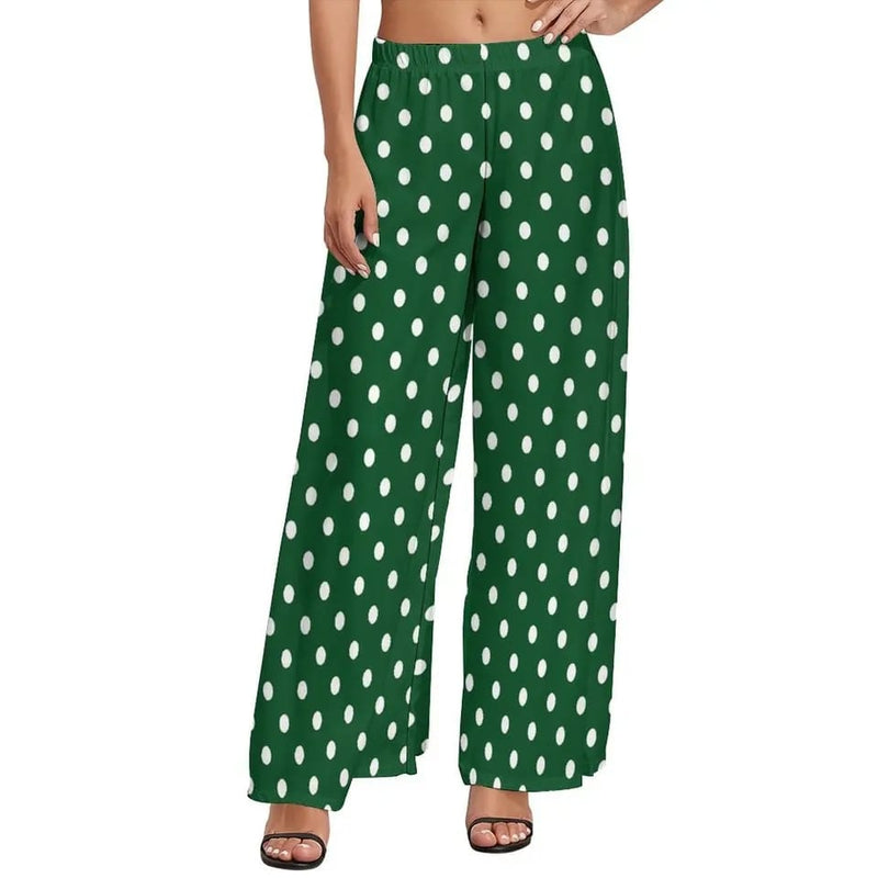 Green Polka Dot Pants Women Vintage Print Trousers XL 113008