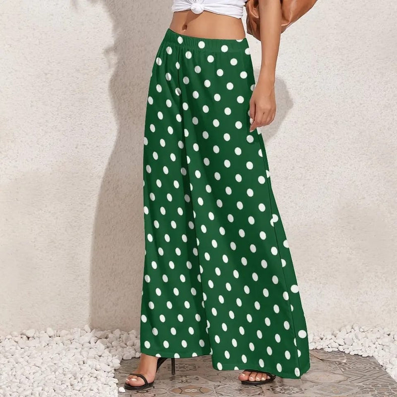Green Polka Dot Pants Women Vintage Print Trousers XL 113008