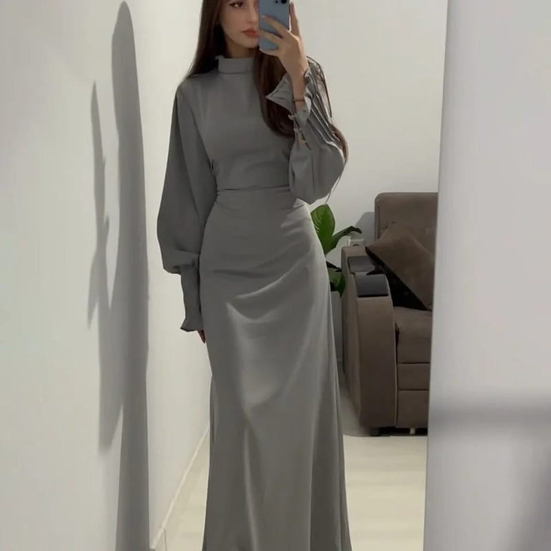 Women Fold Waist Abayas Casual Long Sleeve Maxi Dress XL 138054