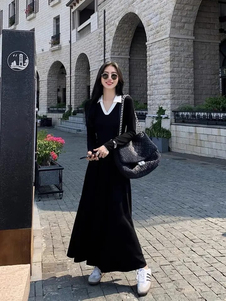 Summer Korean Edition New Fashion Contrast Polo Neck Solid Color Long Dress 137454 Summer Korean Edition New Fashion Contrast Polo Neck Solid Color Long Dress 137454