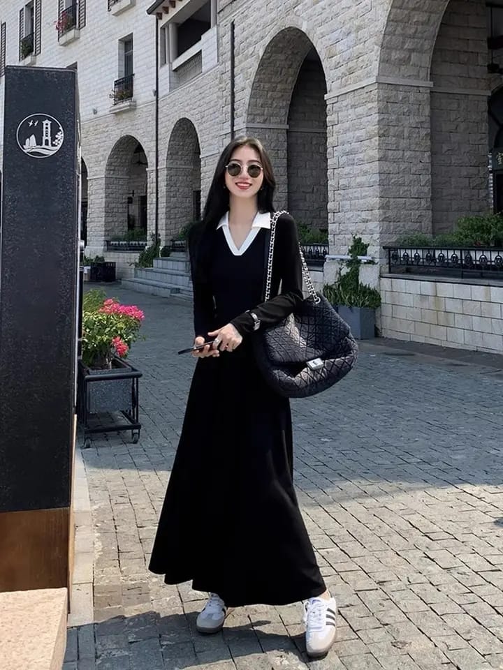 Summer Korean Edition New Fashion Contrast Polo Neck Solid Color Long Dress M 137454