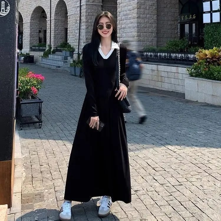 Summer Korean Edition New Fashion Contrast Polo Neck Solid Color Long Dress 137454 Summer Korean Edition New Fashion Contrast Polo Neck Solid Color Long Dress 137454