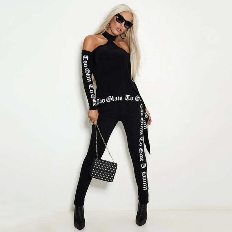 Off The Shoulder Long Sleeve Top Tight Leggings Sports Suit For Women L 71845