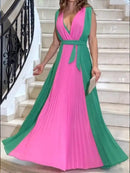 New Summer Sleeveless Contrast Color Sexy Pleated Boho Dress XL 126171 - TUZZUT Qatar Online Shopping