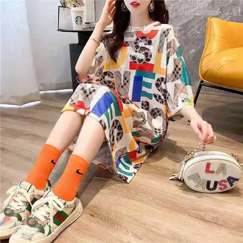 Summer Letter Print Mid Length Round Neck Short Sleeve Tops M 292356 Summer Letter Print Mid Length Round Neck Short Sleeve Tops M 292356