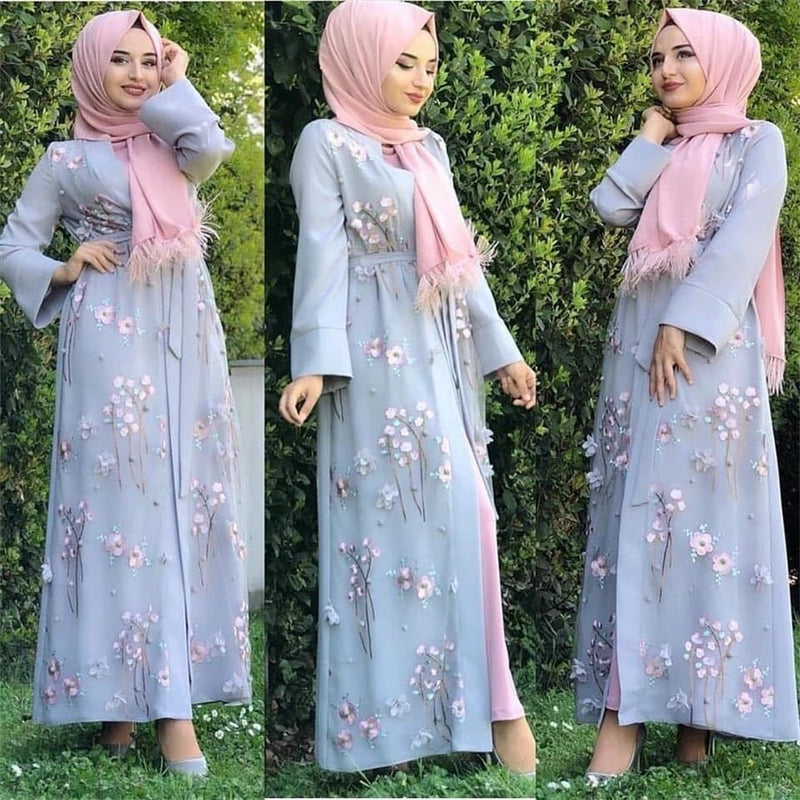 Floral Muslim Embroidery Long Sleeve Kaftan Elegant Luxury Maxi Dress L 474031