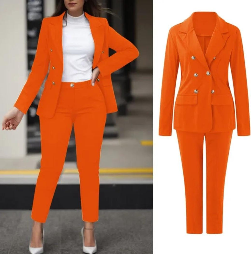 Two Piece Women's Formal Double Breasted Blazer Jacket and Pants Set L 480693