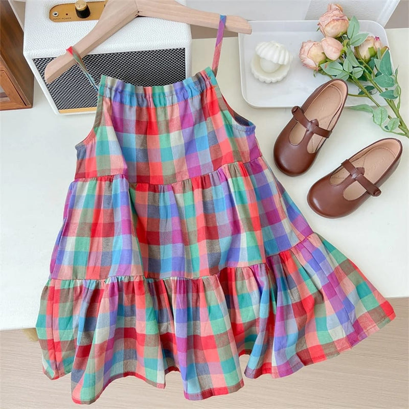 Summer New Casual Colorful Checkered Belt Dress 2-3Y 520502