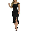 Women's Off Shoulder Short Sleeve Sequin Asymmetric Ruffle Dresses 2XL 411907 - TUZZUT Qatar Online Shopping