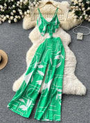 2 Pcs Spaghetti Strap Crop Tops + High Waist Wide Leg Long Pants Fashion Print Sets L 389004 - TUZZUT Qatar Online Shopping