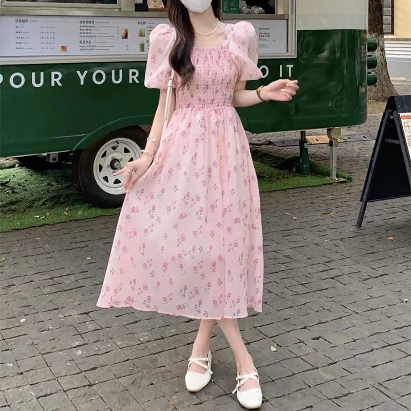 Summer New Fashion Sweet Printed Spliced Shirring Belted Square Collar Puff Sleeve Slim Comfortable Chic Women's Dress L 522721