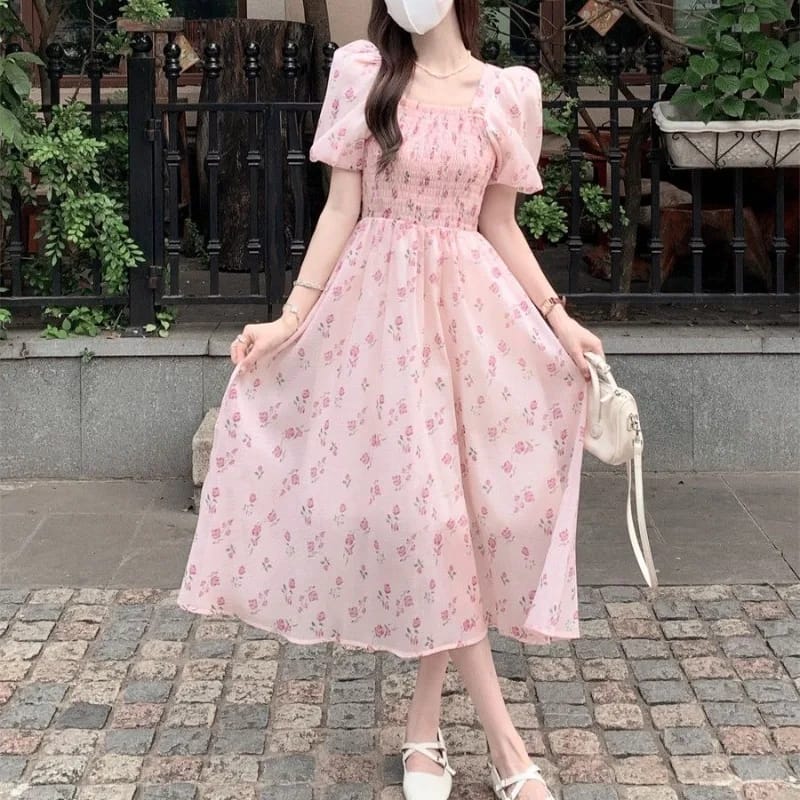 Summer New Fashion Sweet Printed Spliced Shirring Belted Square Collar Puff Sleeve Slim Comfortable Chic Women's Dress L 522721