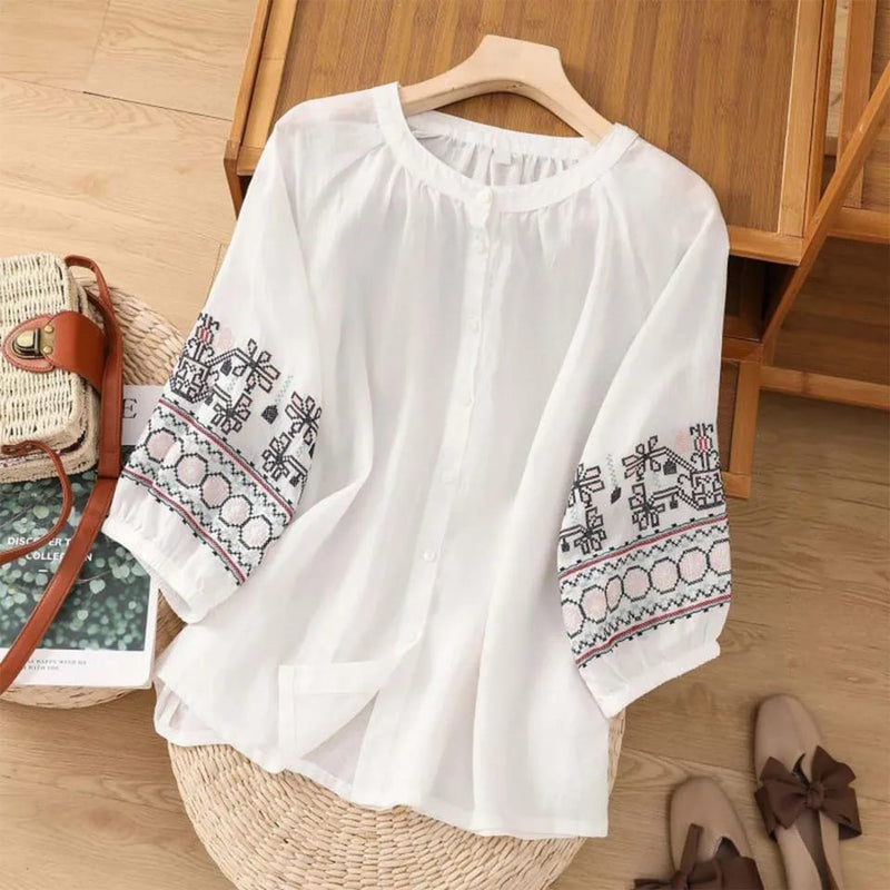 Women's Boho Embroidered Cotton Linen Blouse Vintage Sleeve Summer Tops XL 433301