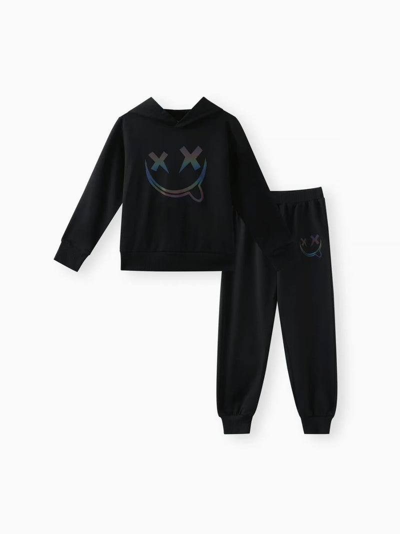 2pcs Kid Boy Reflective Face Graphic Print Black Hoodie Sweatshirt and Pants Set 7-8Y 20458333
