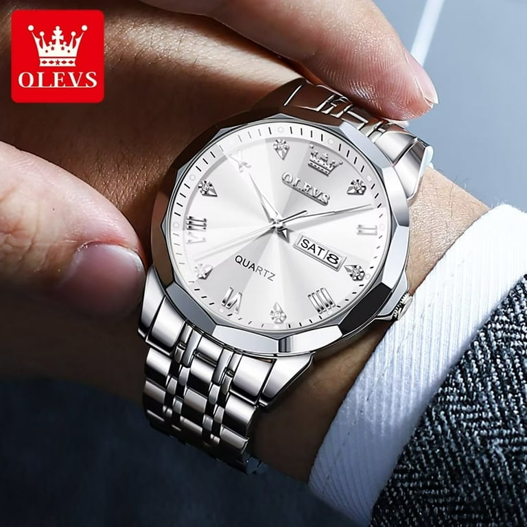 OLEVS Large White Face Mens Watches With Sliver Stainless Steel Strap Luxury Analog Quartz Watch W304876