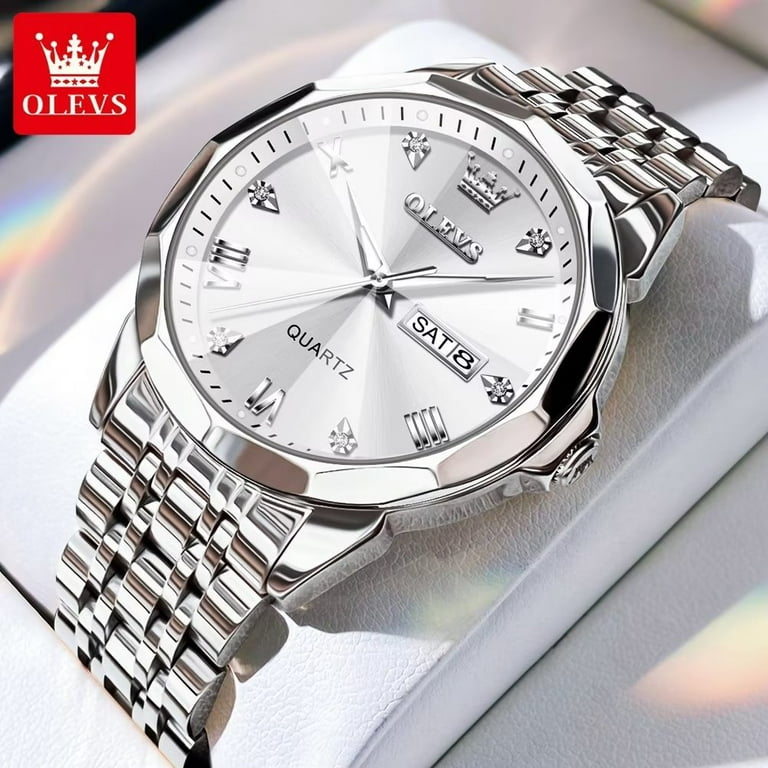 OLEVS Large White Face Mens Watches With Sliver Stainless Steel Strap Luxury Analog Quartz Watch W304876