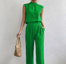 Solid Mock Neck Keyhole Back Sleeveless Blouse & Slant Pocket Pants XL 34248 - TUZZUT Qatar Online Shopping