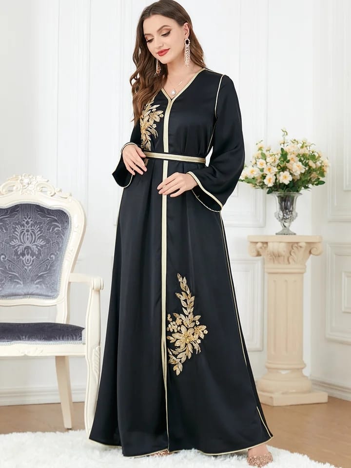 Elegant Muslim Women's Kafthan with Slit Belt Morocco Party Dress L 356345