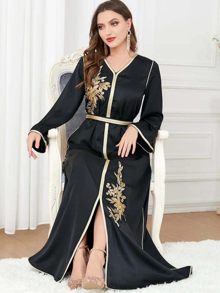 Elegant Muslim Women's Kafthan with Slit Belt Morocco Party Dress L 356345