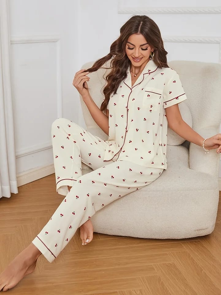 3 Pcs Cherry Print Textured Pajama Set L 506830