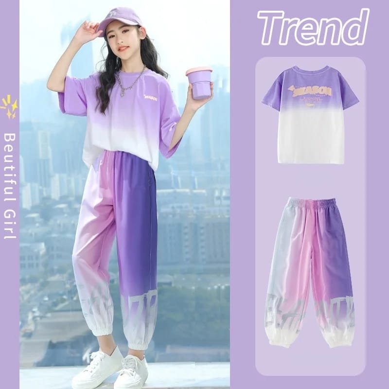 Girls Summer Cotton Gradient Contrast T-Shirt Tops + Ice Silk Pant 2 Pcs Set 8-9Y 543022