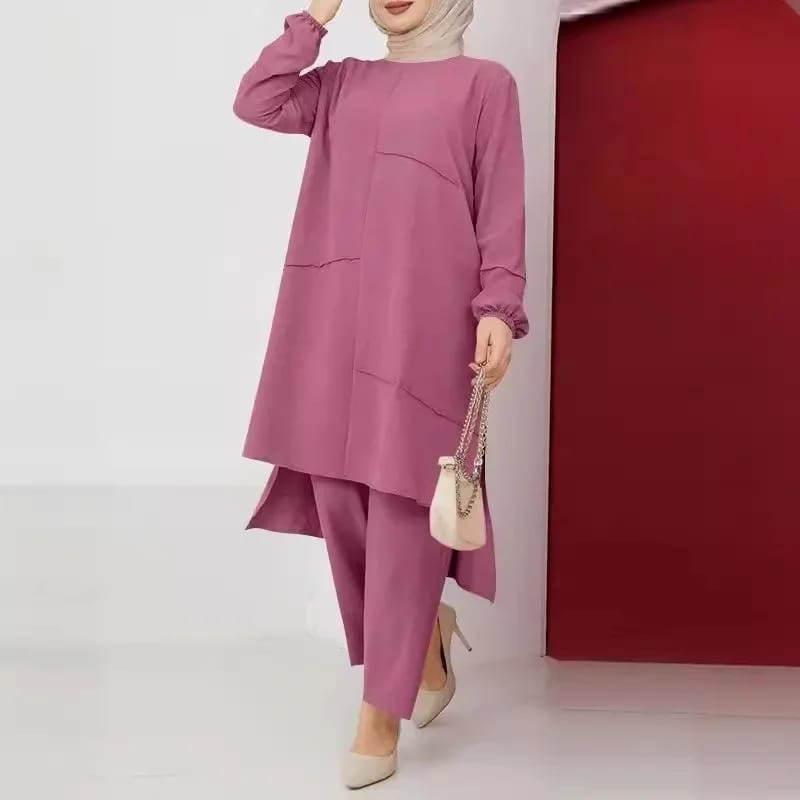 New Casual Long Sleeves Muslim Sets O-Neck Turkish Blouse Wide Leg Pant Suit L 526191