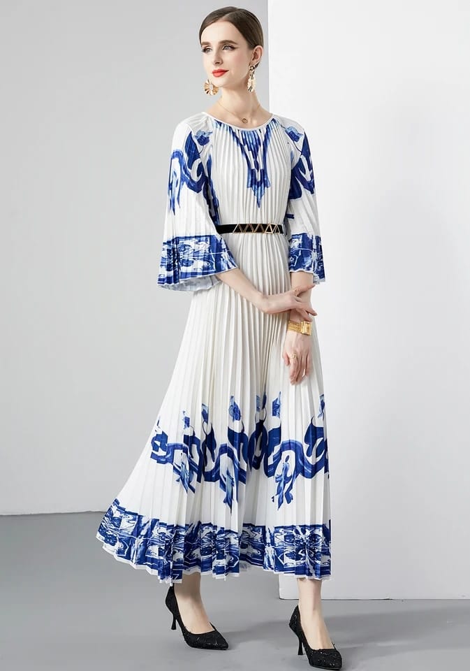 Women Elegant Print Festa Dress High Quality Blue Cocktail Party Gown 524791