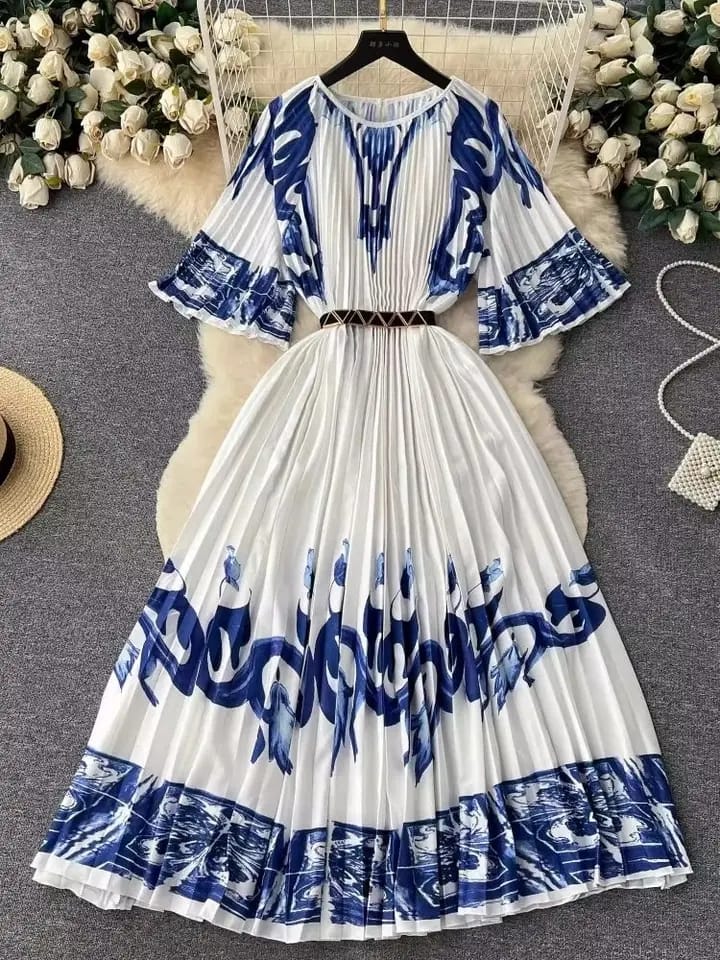 Women Elegant Print Festa Dress High Quality Blue Cocktail Party Gown 524791