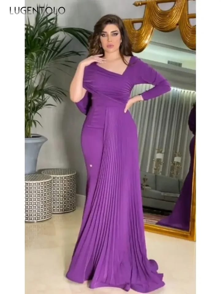 Women Sexy Party Dress Long Sleeve Pressure Pleated Maxi Dress S 534223