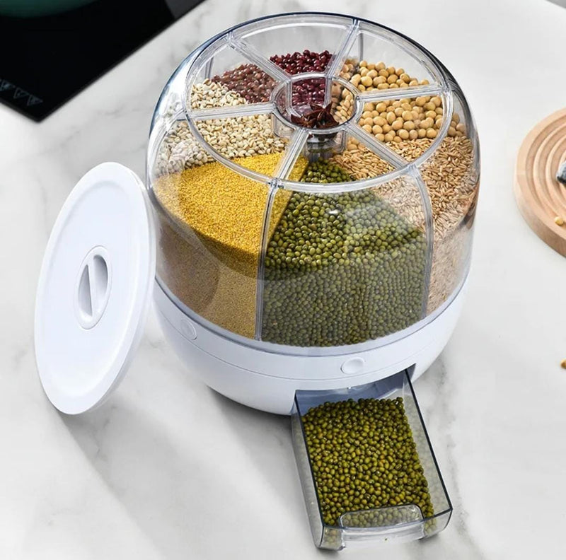 360 Degree Rotating Rice Dispenser Dry Cereal Sealed Grain Bucket Dispenser Moisture-proof Kitchen Food Container Storage Box 6026