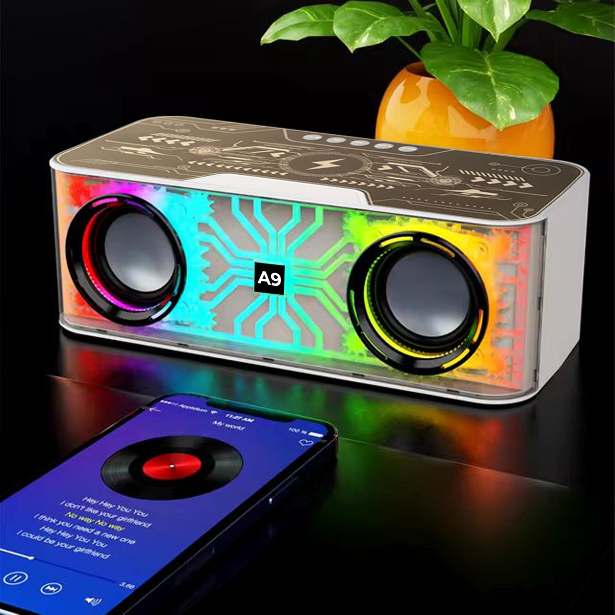 Transparent Mecha LED Wireless Charger Bluetooth Speaker HM-A9 Transparent Mecha LED Wireless Charger Bluetooth Speaker HM-A9