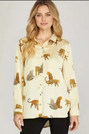 Womens Long Sleeve Jaquar Printed Button Down Satin Shirt S5009773 M - TUZZUT Qatar Online Shopping