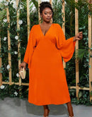 Plus Size Women's Deep V-Neck Bell Sleeve Dress S4919876 M - TUZZUT Qatar Online Shopping