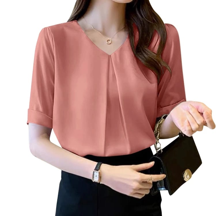 Women Korean Daily Casual Short Sleeve V-Neck Solid Color Blouse S4592945 2XL Women Korean Daily Casual Short Sleeve V-Neck Solid Color Blouse S4592945 2XL