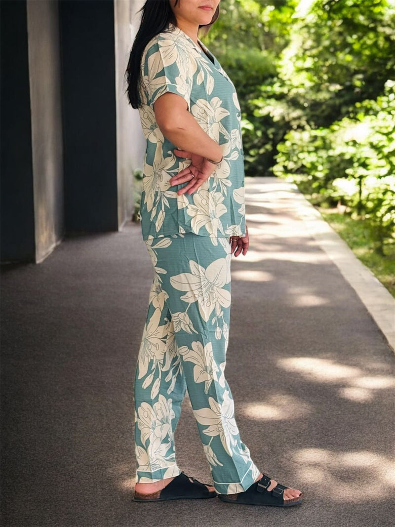 Halwan High Fashion 2 Pcs Floral Print Pyjama Set HP220-2 - TUZZUT Qatar Online Shopping