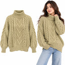 Women's Beige Chunky Cable Knit Turtleneck Sweater RT5692