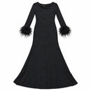 Women’s Black Glitter Maxi Dress with Feather Cuffs AS450